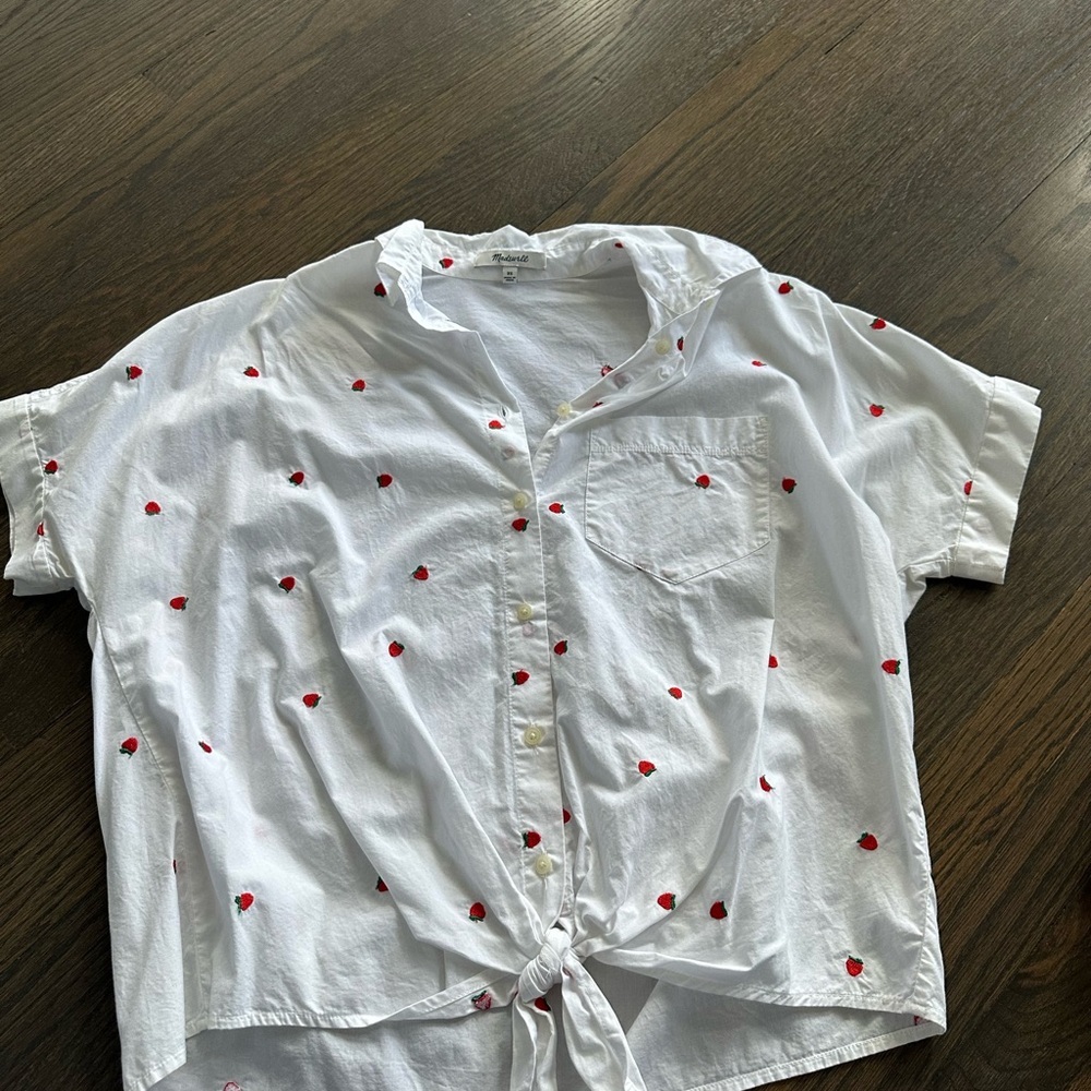 White Button-Up Shirt with Red Strawberry Embroidery